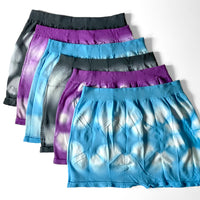 2 black, 2 purple, 2 cyan postpartum mesh underwear, with shibori pattern