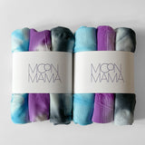 two, three packs of postpartum mesh underwear with shibori pattern, 1 cyan, 1 purple, 1 Phantom black in each pack. 