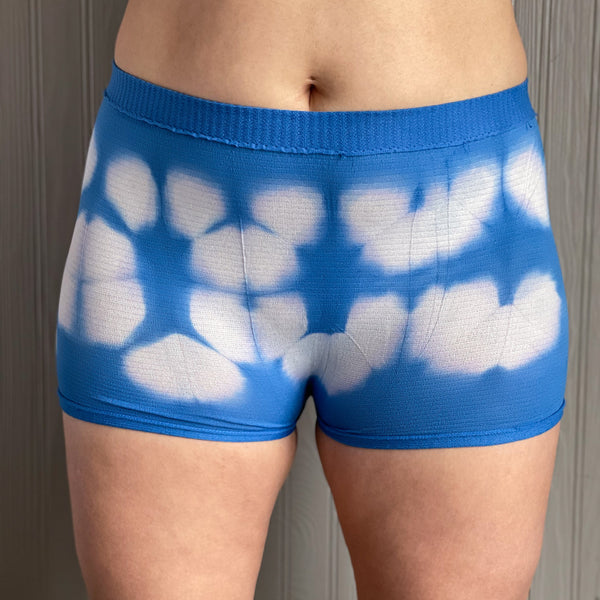 cobalt blue, shibori pattern postpartum underwear on body