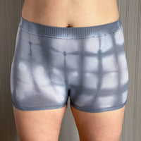 Slate Grey, shibori pattern postpartum underwear on body