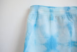 close up of Shibori pattern in postpartum underwear, cyan colour