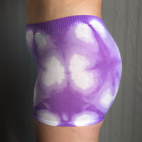 side image of Purple colour, shibori pattern, postpartum underwear, on body